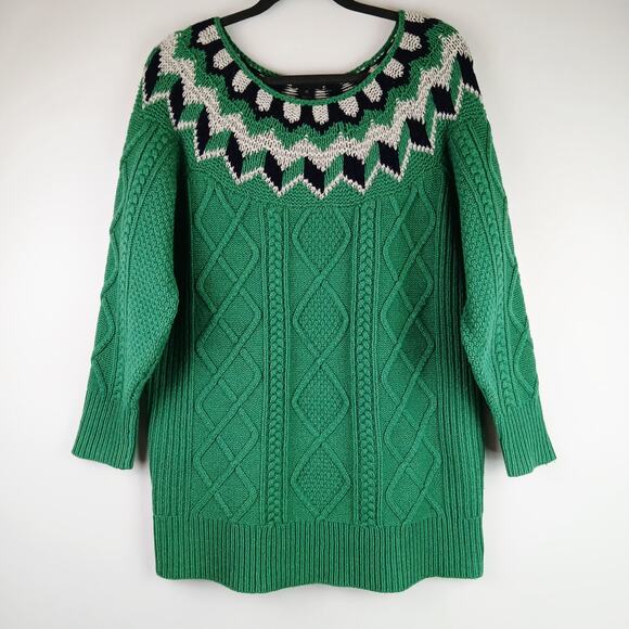 JCrew Collection SZ M 100% Chunky Wool Fair Isle Sweater In Green-White-Navy - Picture 6 of 8